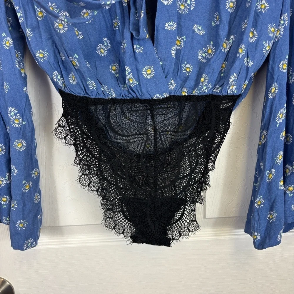 NWT Free People Intimates Forties feel blue daisy bodysuit sz xs